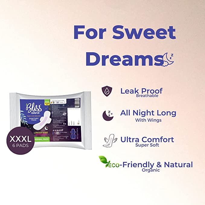 BLISS NATURAL UAE (Night XXXL) Organic Sanitary Napkin pad with wings for women